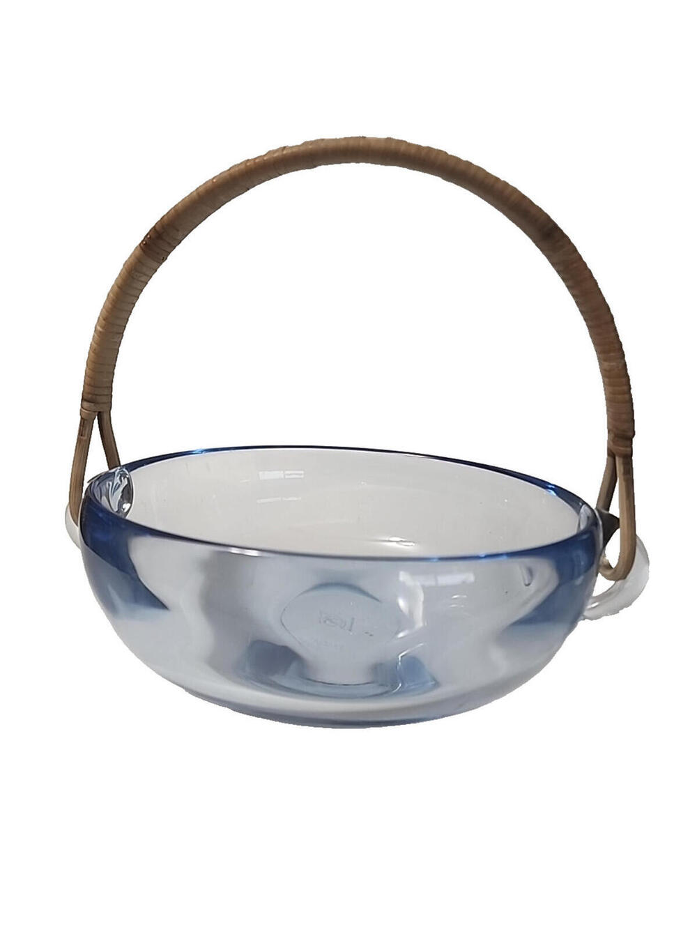 Danish Art Glass Bowl Per Lutken Holmegaard 1962 Rattan Handled Bowl Blue Glass